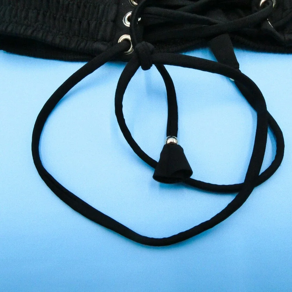 Victorias Secret Medium Black Triangle Halter Ruched Fabric Bikini Top Swimwear‎